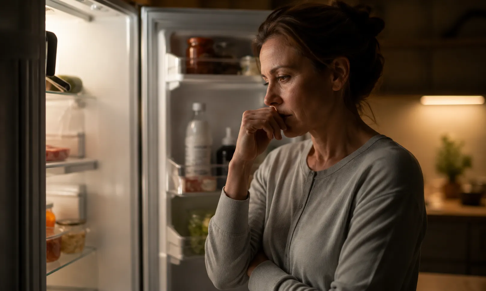 Late-night kitchen scene illustrating constant food thoughts