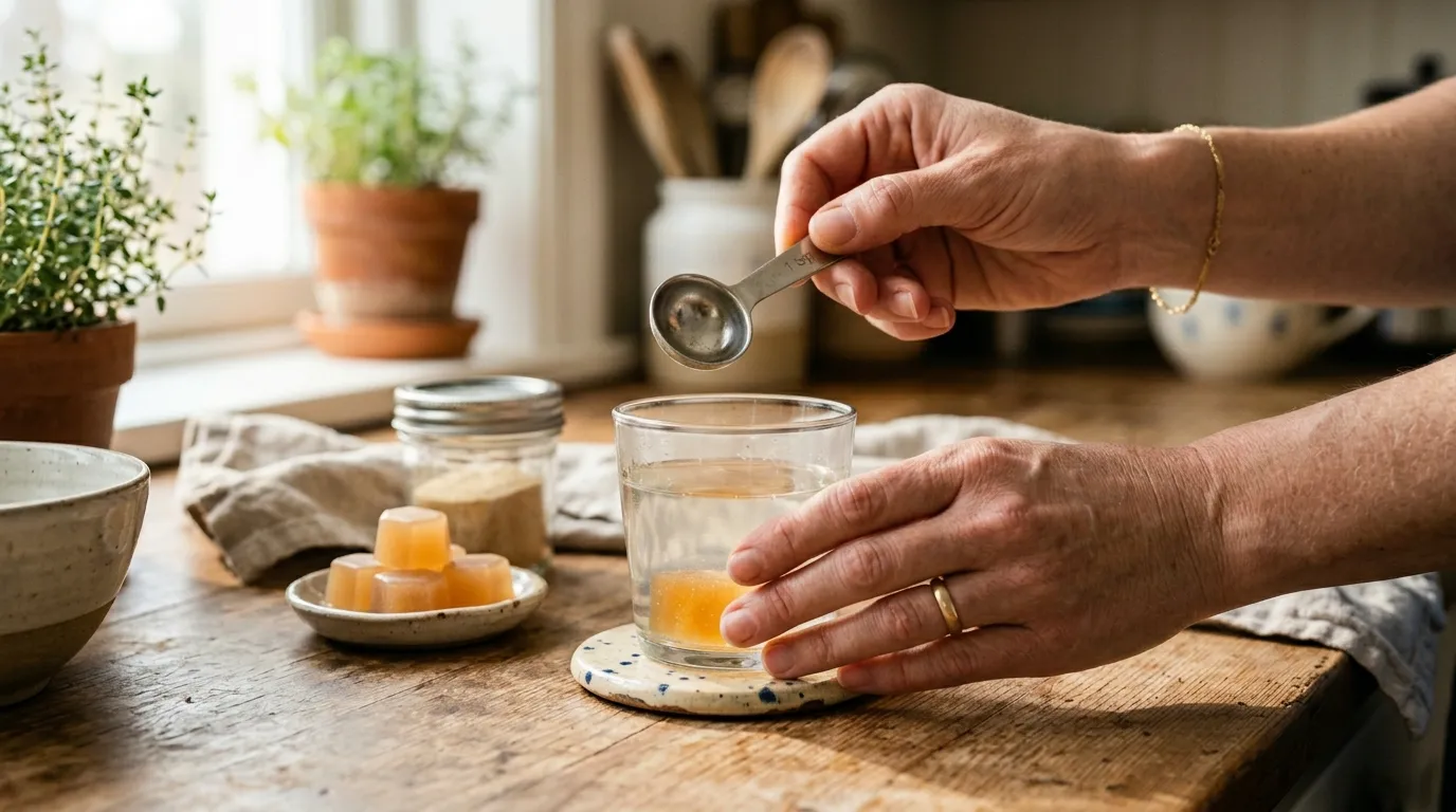 Hands preparing the morning gelatin ritual on a kitchen counter